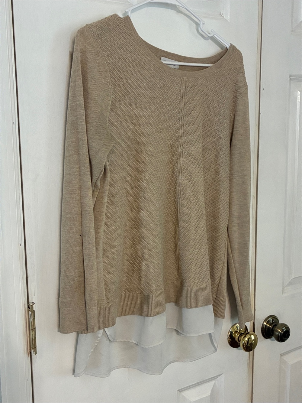Calvin Klein Beige Layered-Hem Crewneck Sweater